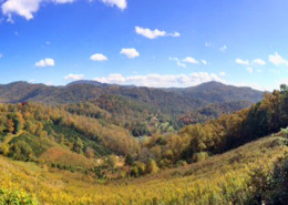 Mathes Farm panoramic view with pasture in foreground and mountains in background