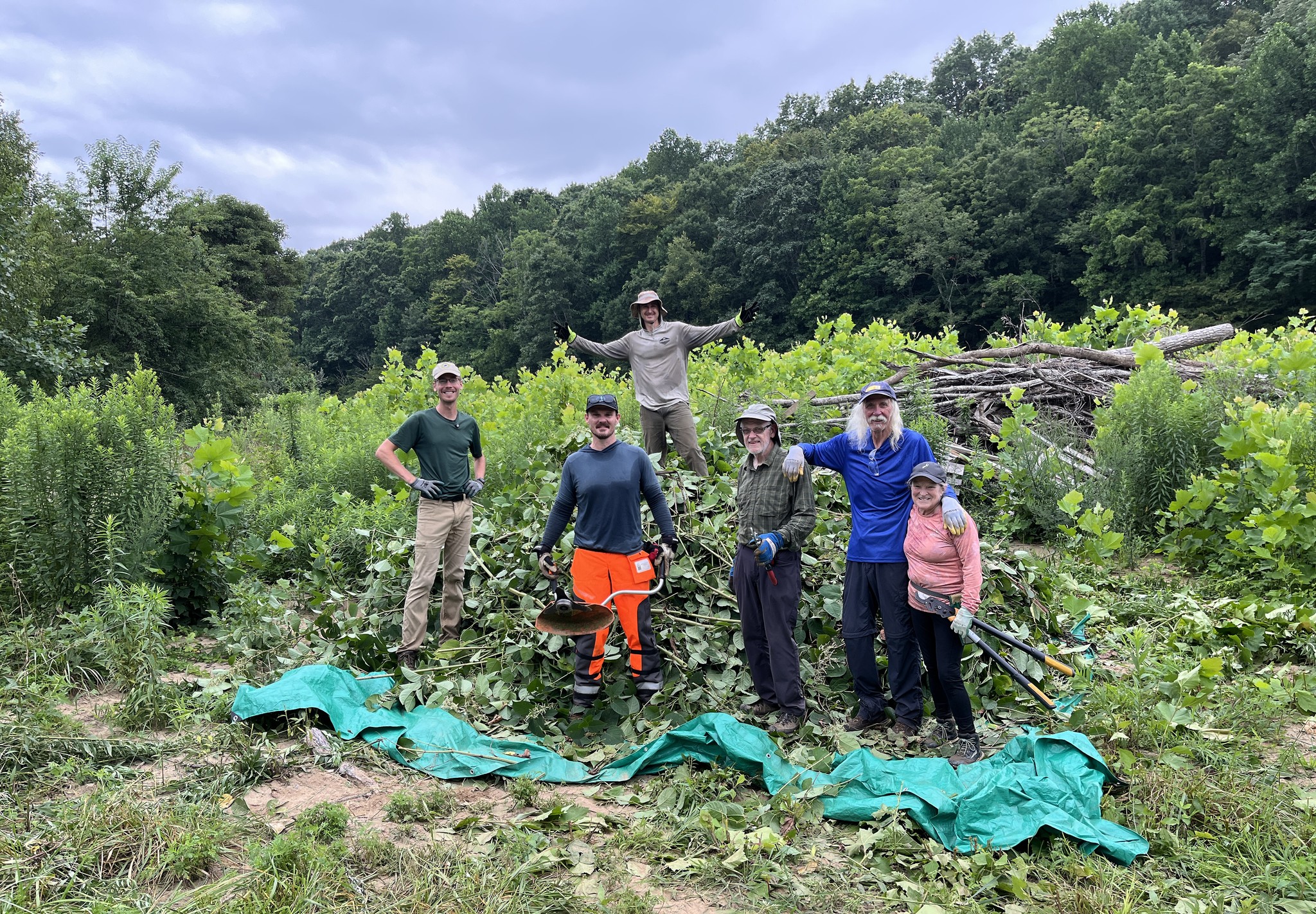 A group of volunteers stands with cut brush surrounded by pasture and forest.