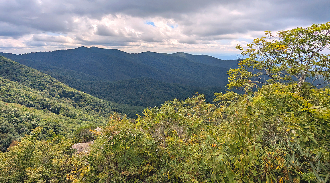 Scenic view of forested mountain slopes in foreground with greens and oranges, with blue layered long distant mountain ridges in background